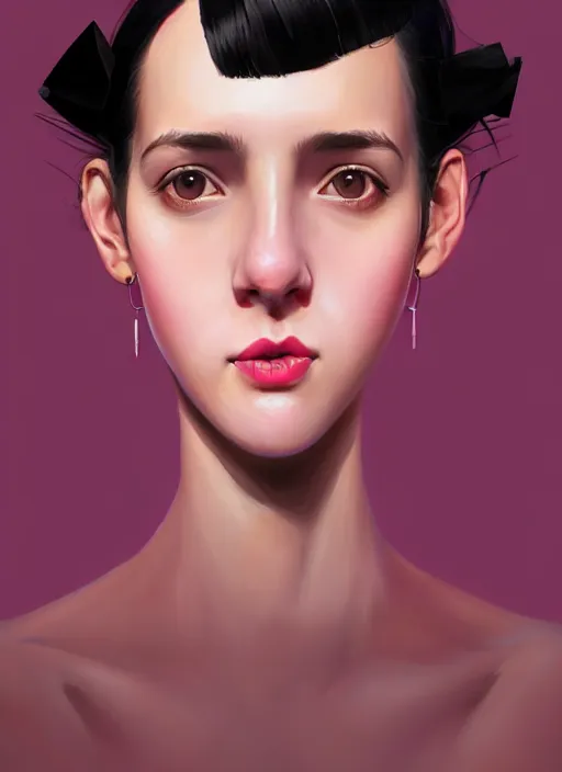 Image similar to portrait of high school girl, realistic, black hair, bangs, half updo hairstyle, pointy nose, skinny, smile, ugly, defined jawline, big chin, pink hair bow, earrings, intricate, elegant, glowing lights, highly detailed, digital painting, artstation, sharp focus, illustration, art by wlop, mars ravelo and greg rutkowski