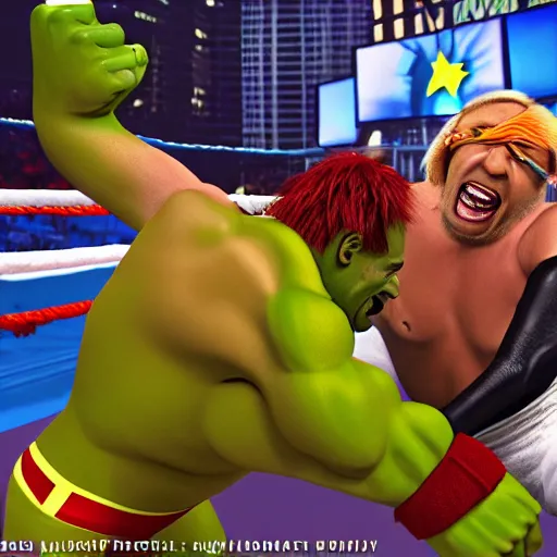 Prompt: Xavier Renegade Angel wrestling Hulk Hogan at Madison Square Garden, hyperrealistic, photorealistic, hdr, 4k, ultra hd, highly detailed, cinematic lighting