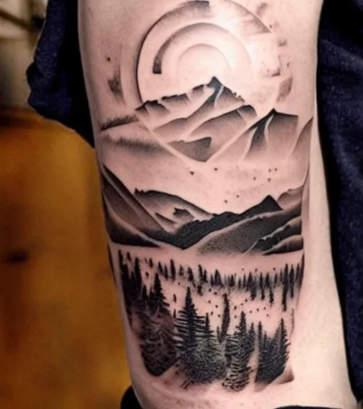 Image similar to creative double exposure effect tattoo design sketch of margot and beautiful mountains and nature, mountain scenery, realism tattoo, in the style of matteo pasqualin, amazing detail, sharp