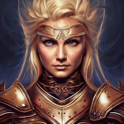 Prompt: head-on centered symmetrical painted portrait, Elisha Cuthbert as a paladin, blonde hair, copper armour, dramatic lighting, intricate, fantasy, intricate, elegant, highly detailed, digital painting, smooth, sharp focus, illustration, dramatic lighting, artstation, in the style of Artgerm and Anna Podedworna