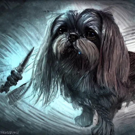 Image similar to intricate painting of a shih tzu as a mighty dark souls boss, concept art