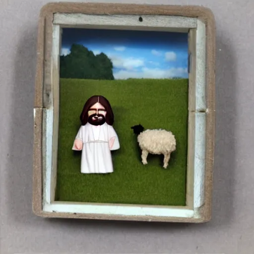 Prompt: scene of jesus shepard with sheeps on a meadow as nendoroid, kodak film