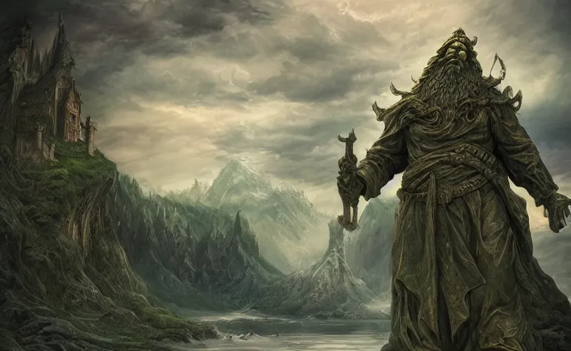 Image similar to A large statue of a wizard guarding a river valley, landscape art, concept art, intense, fantasy, inspiring