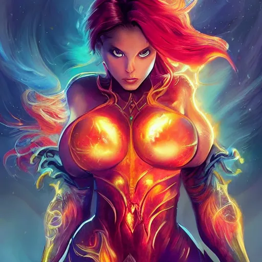 Image similar to front portrait hands behinds pose of attractive Starfire with ginger wavy hair, hands behind her pose!, Intricate overlay flames imagery , D&D!, fantasy style, sharp focus!, ultra detailed, art by Artgerm and Peter Andrew Jones, WLUP