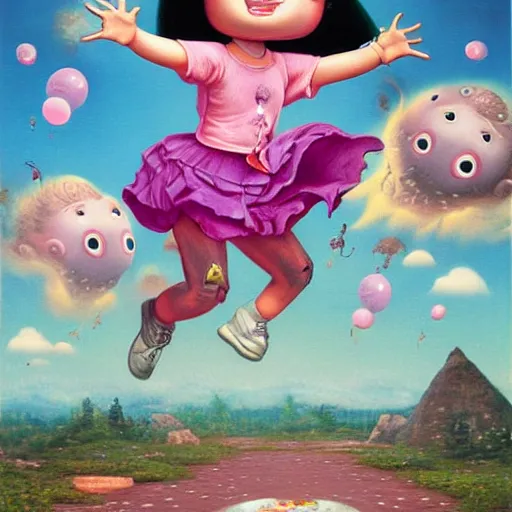 Prompt: portrait of real girl dora the explorer jumping happily,painted by mathias adolfson and mark ryden and hikari shimoda, lowbrow pop surrealism