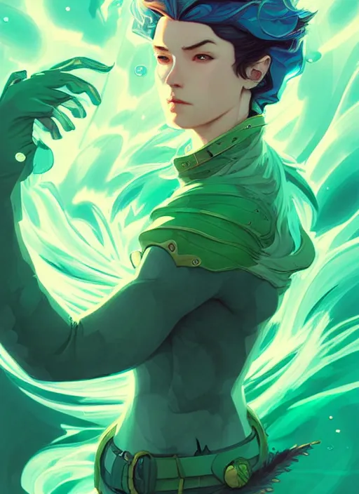 Image similar to style artgerm, joshua middleton, illustration, john krasinski as artificer wearing green pelt light armor, anime eyes, blue hair, swirling water cosmos, fantasy, dnd, cinematic lighting