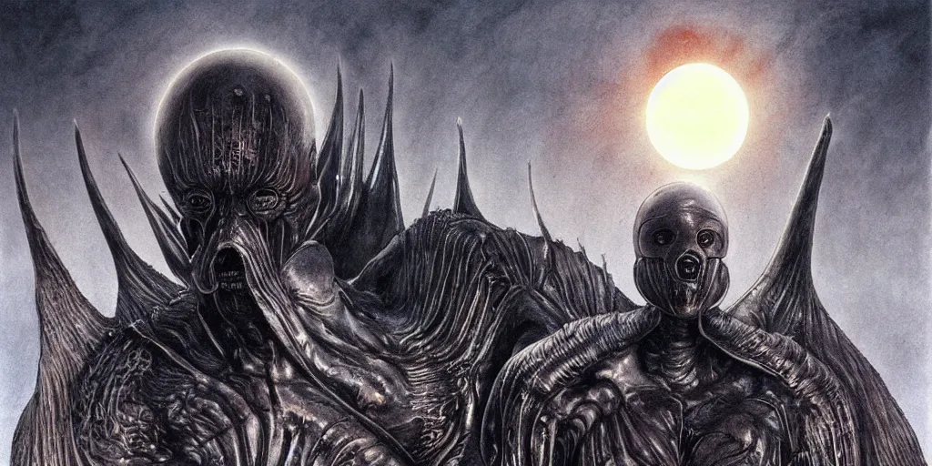 Image similar to the eclipse from berserk, griffith in armor, creepy, melting, since, horror, art by wayne barlowe, giger, artgerm