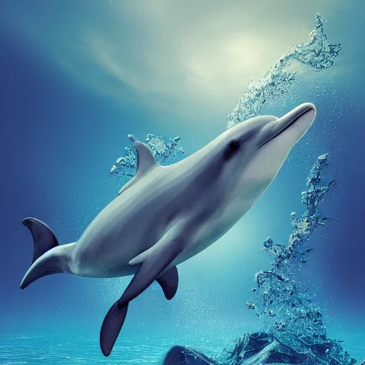 Prompt: friendly dolphin wearing a crown in a dappled sunlit ocean, hyper detailed, photorealistic, octane render, 8k, nature photography