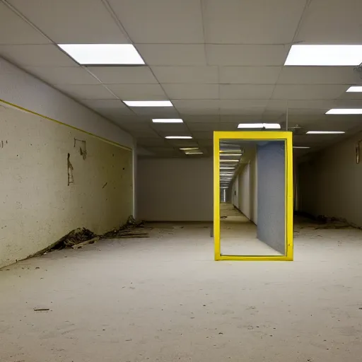 Image similar to abandoned rural offices, uneven hallways, uneven flooring, fluorescent lighting, pale yellow walls with slightly darker yellow stripes