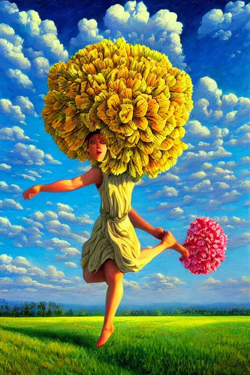 Prompt: look up, giant carnation flower head, woman jumping, clouds in blue sky, surreal, impressionist painting, digital painting, artstation, rob gonsalves