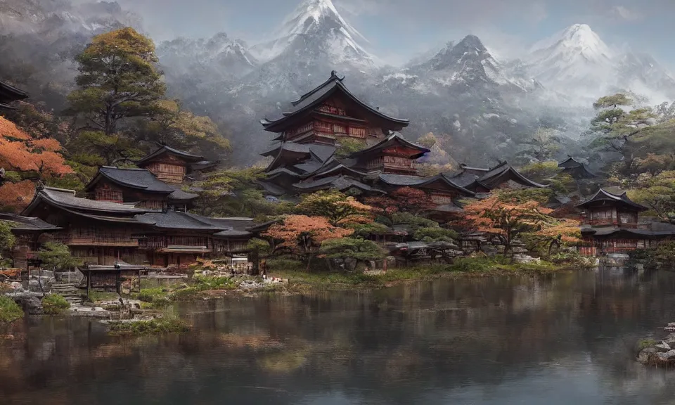 Prompt: Japanese village in the mountains, Greg Rutkowski, ArtStation, CGSociety, Unreal Engine