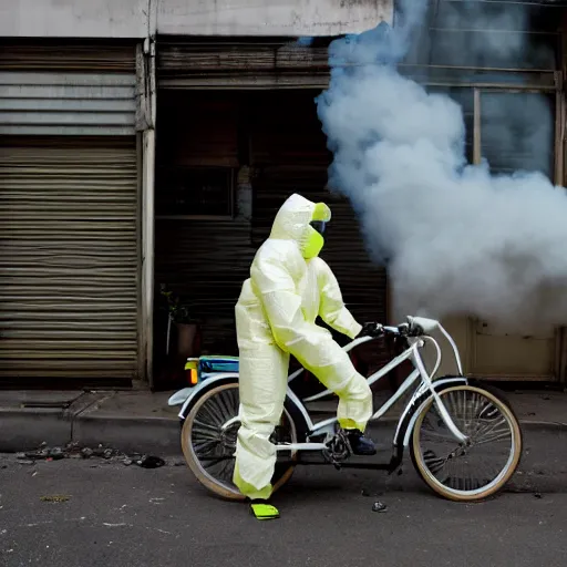 Image similar to a photo of a female wearing a hazmat suit, riding a bike, side-view, smoke in the background, filthy streets, broken cars. Vines growing. Jpeg artifacts. Full-color photo. Color color color color color. Award-winning photo. OM system 12–40mm PRO II 40mm, 1/100 sec, f/2 8, ISO 800