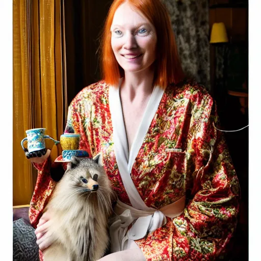 Prompt: a stunning hyper-detailed photo of one slender beautiful smiling woman with long ginger hair and bangs, wearing a luxurious silk robe, wearing headphones and posing with her large ginger tabby cat and her raccoon and parrots in an overstuffed easy chair in her sunlit victorian living room, holding a porcelain parrot-shaped coffee mug and a donut, perfect eyes, fashion photography, cinematic lighting, octane render, IBEX Masters, unreal engine, 85 mm lens