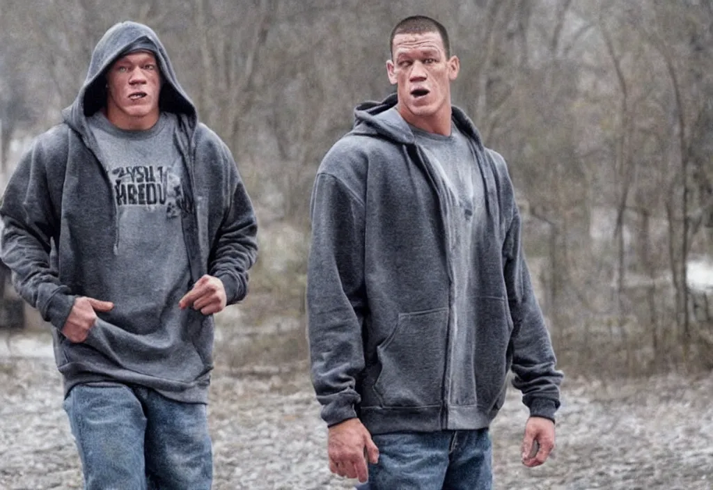 Prompt: john cena in a hoodie portraying marshall mathers in 8 mile.