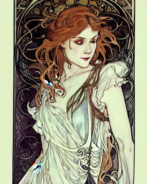 Prompt: in the style of artgerm, arthur rackham, alphonse mucha, evan rachel wood, flowing white dress