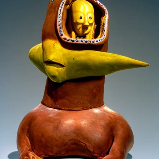 Image similar to Salvador Dali surrealist sculpture of a Moche Lima Bean Warrior fighting and egghead Warrior