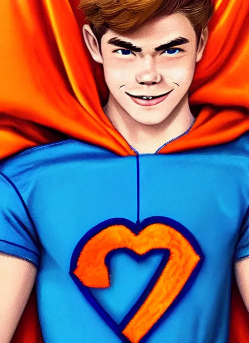 Image similar to friendly teenage archie andrews wearing an orange superhero costume with heart logo, heart, orange costume, blue cape, freckles, cape, heart emblem on chest, heart, blue cape, intricate, elegant, glowing lights, highly detailed, digital painting, artstation, sharp focus, illustration, art by wlop, mars ravelo and greg rutkowski