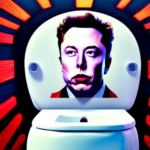 Image similar to hyperrealism aesthetic ridley scott and denis villeneuve and gaspar noe style photography of a detailed hyperrealism elon musk, siting on the detailed hyperrealism toilet bowl and scrolling his detailed smartphone in hyperrealism scene from detailed art house movie in style of alejandro jodorowsky and wes anderson hyperrealism volumetric ambient light