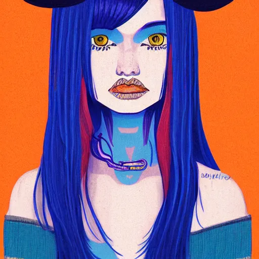 Prompt: illustrated portrait of ram-horned orange-skinned skin FFA500 devil woman with blue hair cut in a bob by rossdraws