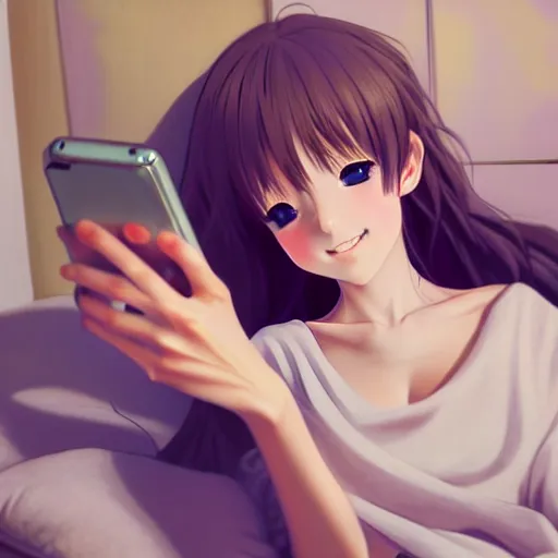 Image similar to beautiful serene intricate very detailed portrait of a realistic anime girl taking a selfie, smiling softly, wearing casual clothes, relaxing on the couch, interior lighting, cozy living room interior, soft focus, 8 k, art by irakli nadar, hyperrealism, hyperdetailed, ultra realistic