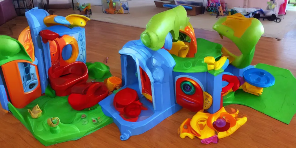 Prompt: an incredibly hyper realistic photorealistic fisher price my first evil lair