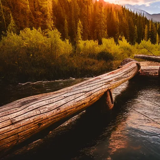 Image similar to DSLR still of a beautiful mountainside river with a pier and a log cabin at sunrise, 4k