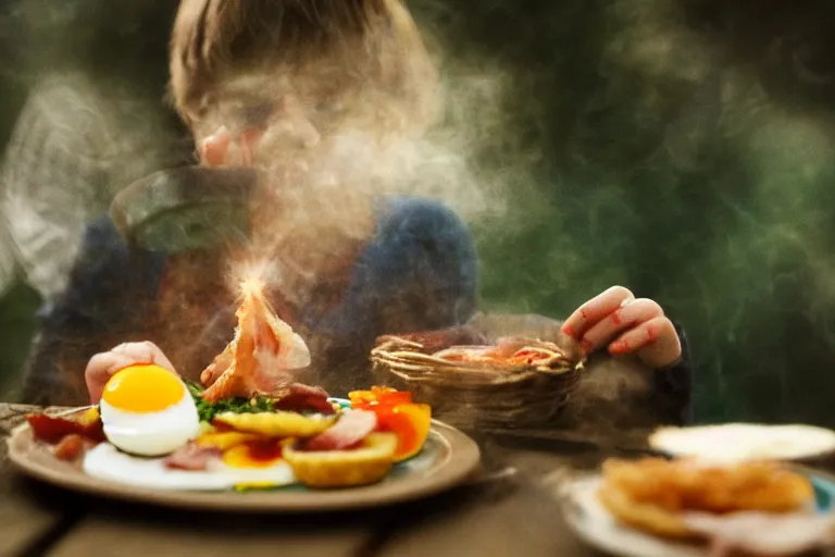 Image similar to painting of a pre - raphaelite spider - man eating fried eggs and bacon, 5 0 mm lens, f 1. 4, sharp focus, ethereal, emotionally evoking, head in focus, volumetric lighting, blur dreamy outdoor,
