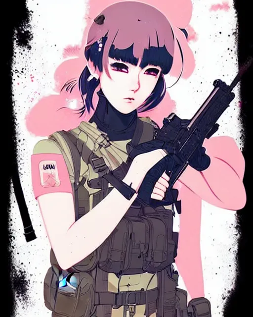 Image similar to girl with tactical gear, very anime!!! anime!! intricate details, aesthetically pleasing pastel colors, poster background, aesthetic details, art by conrad roset and ilya kuvshinov