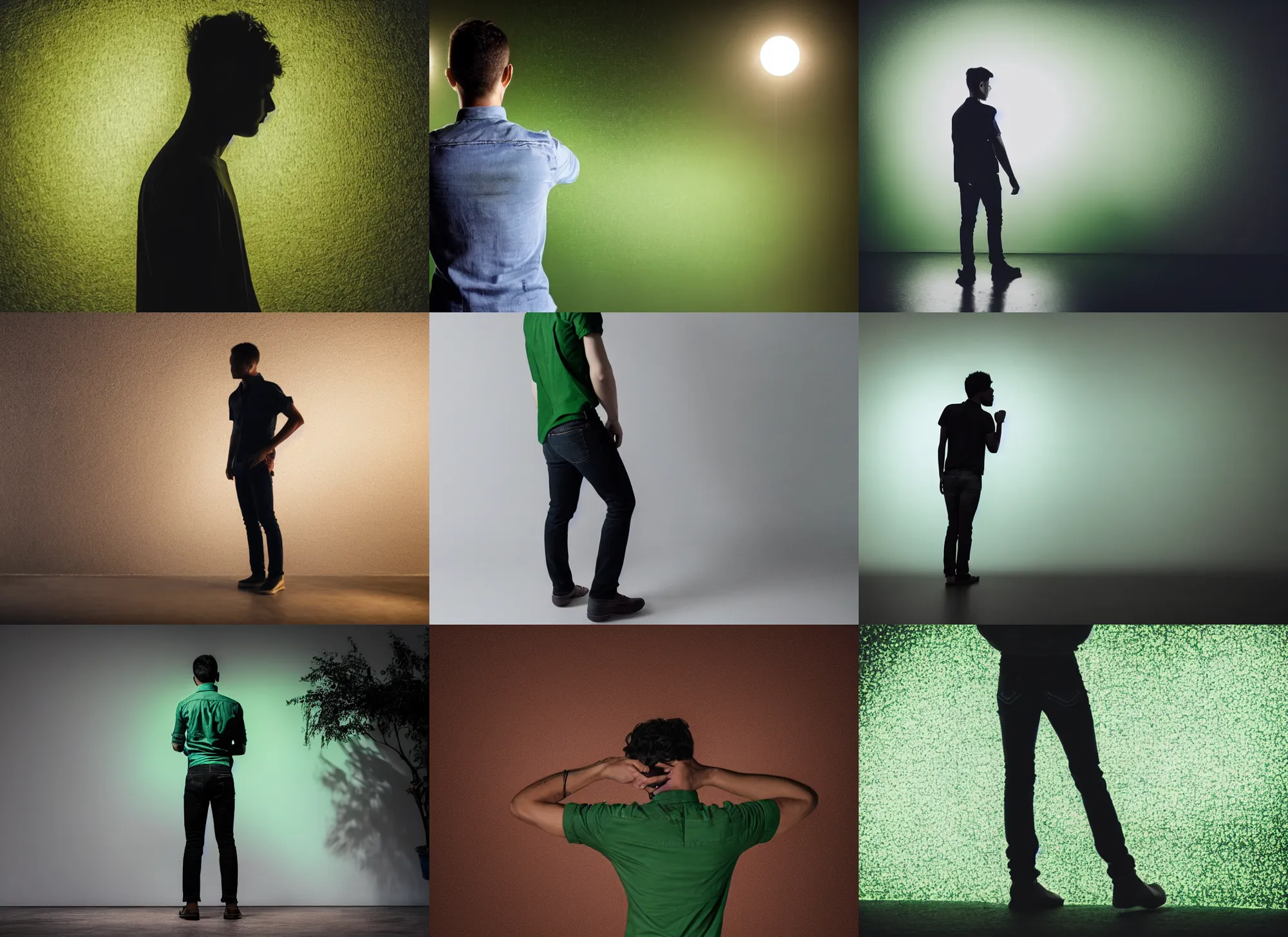 Prompt: photo still of behind view, dark silhouette of a young man, enchanting a green spell, shirt, jeans 8 k, studio lighting bright ambient lighting key light, 8 5 mm f 1. 8