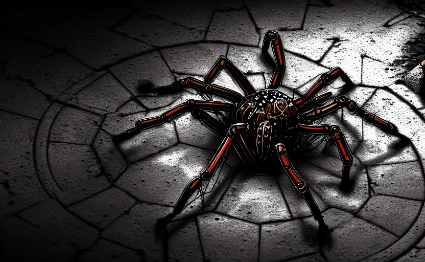 Image similar to mechanical spider in a sewer, ultra detailed digital art, fine drawing, hyper real, 4 k, moody lighting