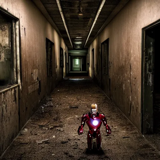 Image similar to ironman in a dark hallway of an abandoned asylum, 4 k, high detail, high - resolution photograph, professional photography, ultra - detail