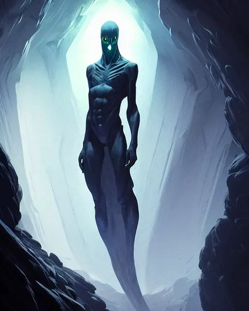 Prompt: professional concept art of a ominous alien floating in a dark cavern by artgerm and greg rutkowski ( thin white border ). an intricate, elegant, highly detailed digital painting, concept art, smooth, sharp focus, illustration, in the style of cam sykes, wayne barlowe, igor kieryluk.