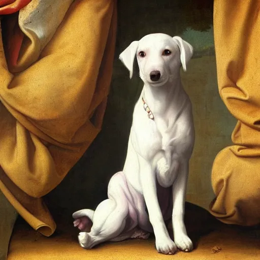 Image similar to renaissance painting of a white dog with big black spots sitting for a portrait