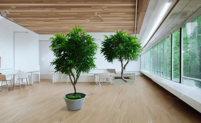 Image similar to minimalist japanese style interior of an office, pine wood, natural materials, white, plants, feng shui, bright, green, large windows to a park