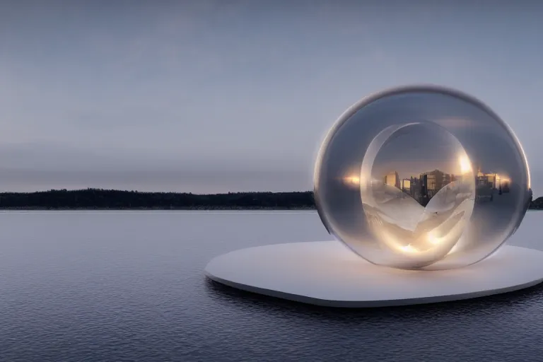 Image similar to a white soap bubble shaped building on the calm lake, human perspective, future, interior wood, marble, award winning, highly detailed 4 k art, dusk, unreal engine highly rendered, global illumination, radial light, internal environment by kazuyo sejima