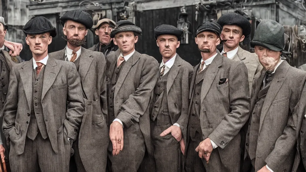 Image similar to a group shrimp mans dressed like the peaky blinders