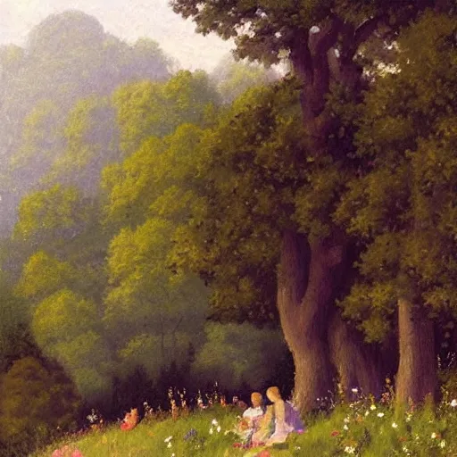 Image similar to An illustration of a beautiful landscape, with delicate brushstrokes. peaceful & serene summer, with a gentle breeze blowing through the trees and flowers. colors are muted & gentle, calm & tranquility. well balanced & harmonious. color & composition, pleasing to the eye & calming to the soul. pixel art by Albrecht Anker, by Greg Rucka casual,