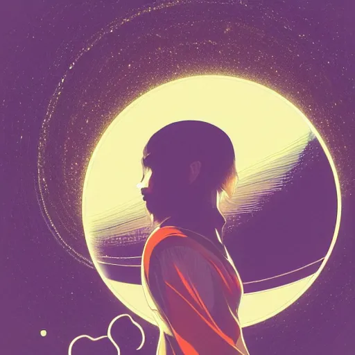 Image similar to closeup of a face with a glowing planet Saturn and earth spinning, the rings are glowing around the planet, the woman's hand reaching for the pendant, flat design, screen print by kawase Hasui and Dan hillier, 8k, artstation