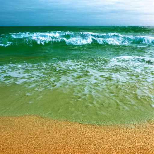 Image similar to realistic photograph of a beach covered in green sand