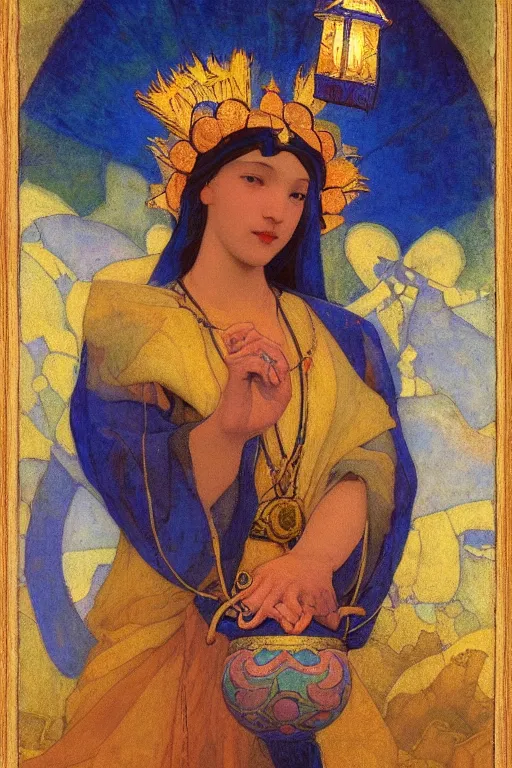 Image similar to queen of the dawn with her lantern and birds, by Nicholas Roerich and jean delville and Annie Swynnerton, elaborate headdress and embroidered velvet, iridescent beetles, rich color, dramatic cinematic lighting, extremely detailed