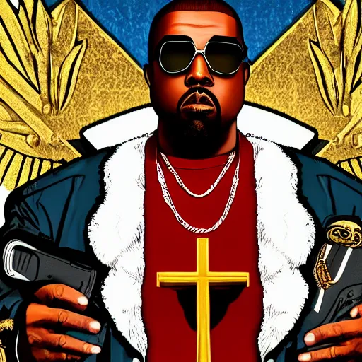 Image similar to illustration gta 5 artwork of holy saint kanye west, golden cross, in the style of gta 5 loading screen, by stephen bliss