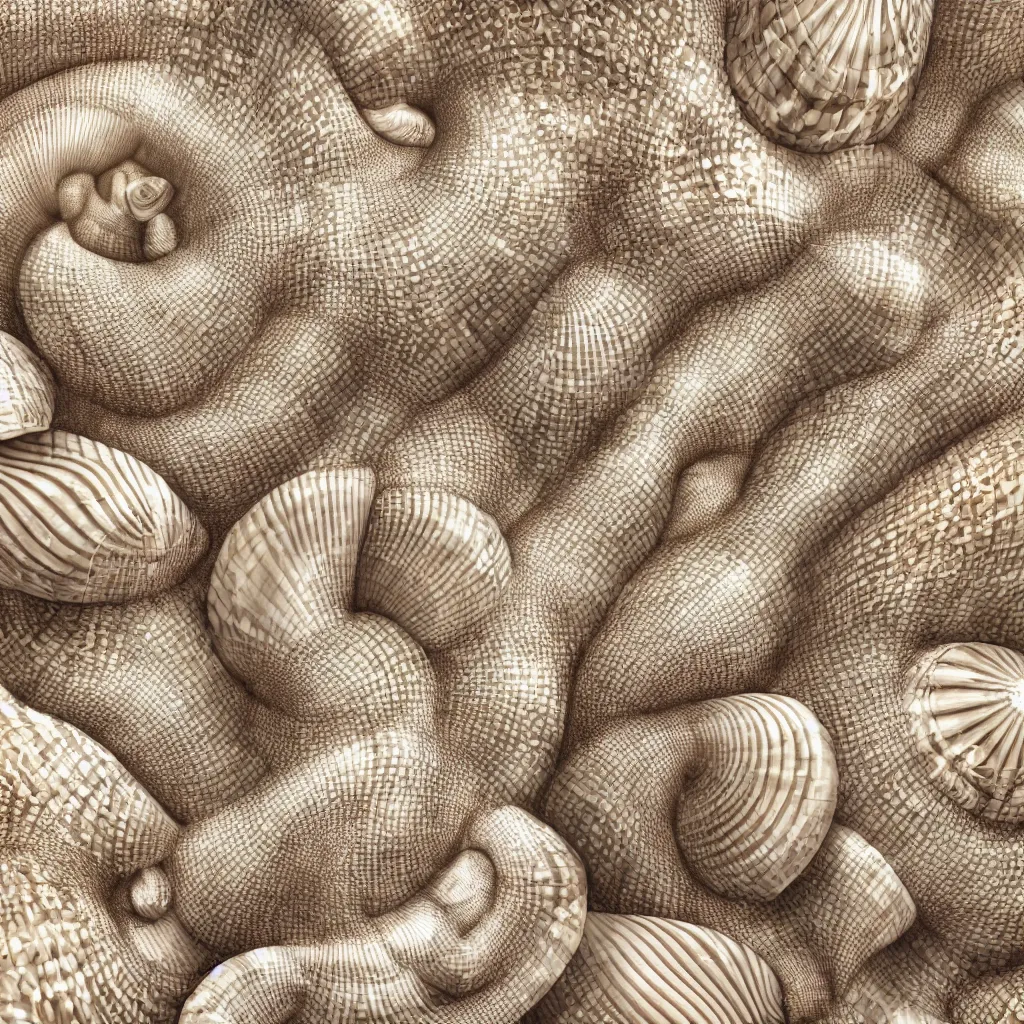 Image similar to geometric complex sea spiral shell designs by ernst haeckel, closeup, realistic cinema 4 d render, beach sand background, clear focus, very coherent, very detailed
