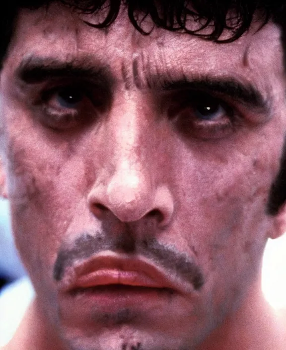 Image similar to extreme long shot. tony montana from movie scarface 1 9 8 3. al pacino, perfect symmetric face, coherent eyes, fine details, 4 k, ron cobb. cinestill