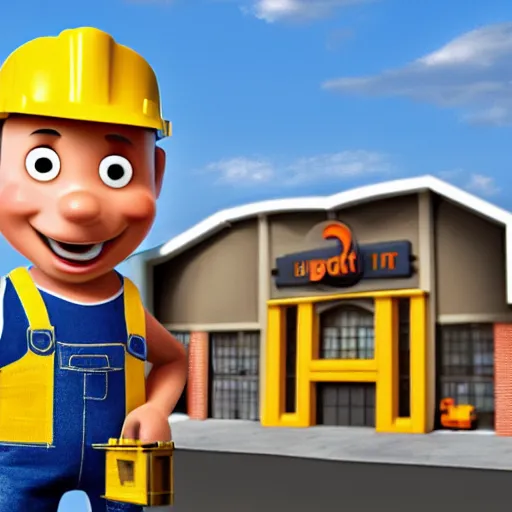 Image similar to bob the builder at home depot, 4 k, hyper realistic, dslr, high resolution, landscape, beautiful