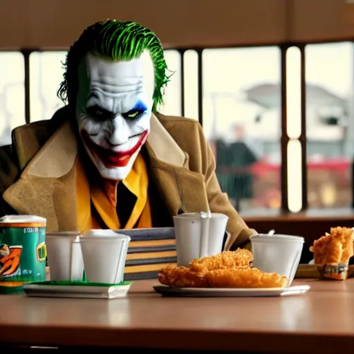 Image similar to cinematic shot of the joker sitting at a table in a popeyes restaurant and eating chicken tenders, 8 k, very detailed, very intricate,