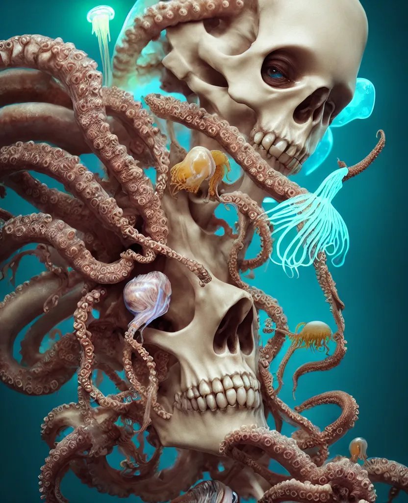 Image similar to goddess close-up portrait human skeleton, ram skull,octopus, jellyfish, orchid, betta fish, bioluminiscent, intricate artwork by Tooth Wu and wlop and beeple. octane render, trending on artstation, greg rutkowski very coherent symmetrical artwork. cinematic, hyper realism, high detail, octane render, 8k