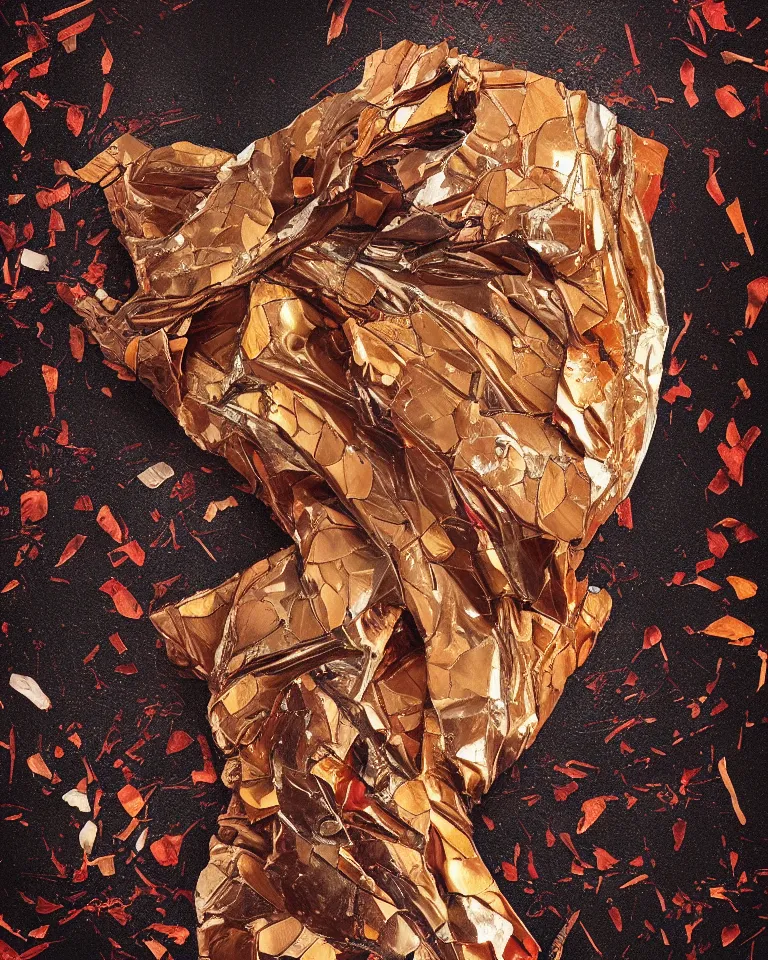 Prompt: symmetrical painting of a fractured obsidian greek statue of a sunflower petals fixed with red bronze and kintsugi, rendered in octane trending on cgsociety. extremely detailed and intricate art