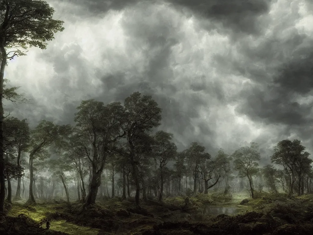 Image similar to detailed landscape, forests. very detailed dark super storm, hyper realistic clouds, impressive, magical, very atmospheric, smoke boiling, cinematic, deep, very high complexity, stunning, masterpiece, chiaroscuro, in the style of caspar david friedrich and laura den hertog, very detailed. 4 k