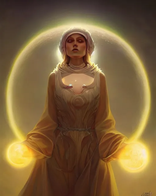 Prompt: solar priestess portrait, artgerm, lunar meadow, radiant halo of light, gilding, white gold liquid clouds, peter mohrbacher, photorealism