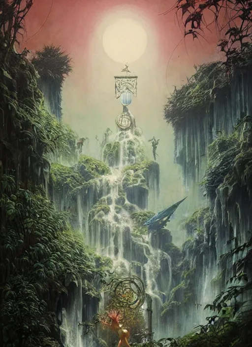 Prompt: a hyper realistic futuristic city witch shrine under a waterfall in the sunset, gorgeous lighting, lush forest foliage, painting by chiara bautista and tom bagshaw, muca beksinski and norman rockwell and greg rutkowski weta studio, and lucasfilm